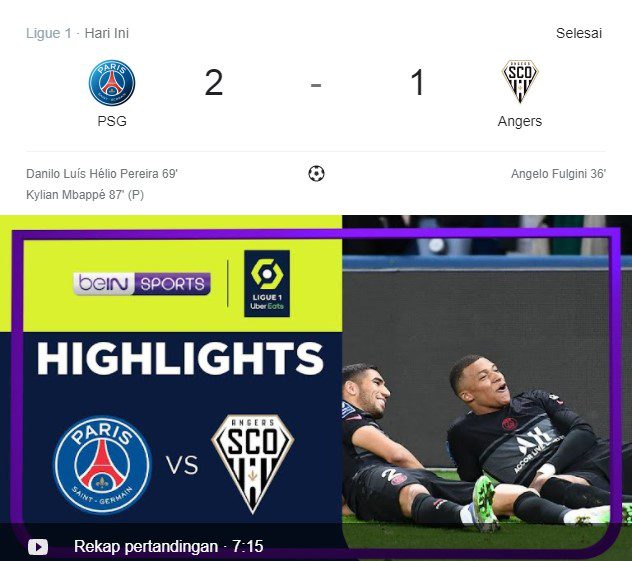 Hasil Liga Prancis, PSG Vs Angers