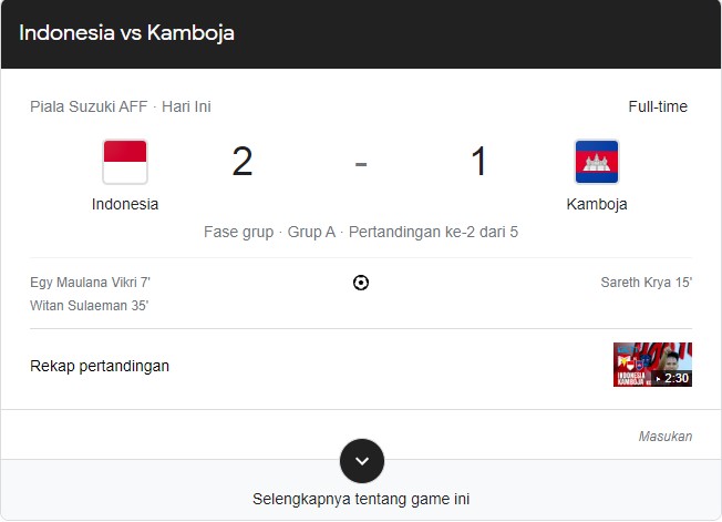 Hasil Piala AFF 2022, Timnas Indonesia Vs Kamboja 2-1
